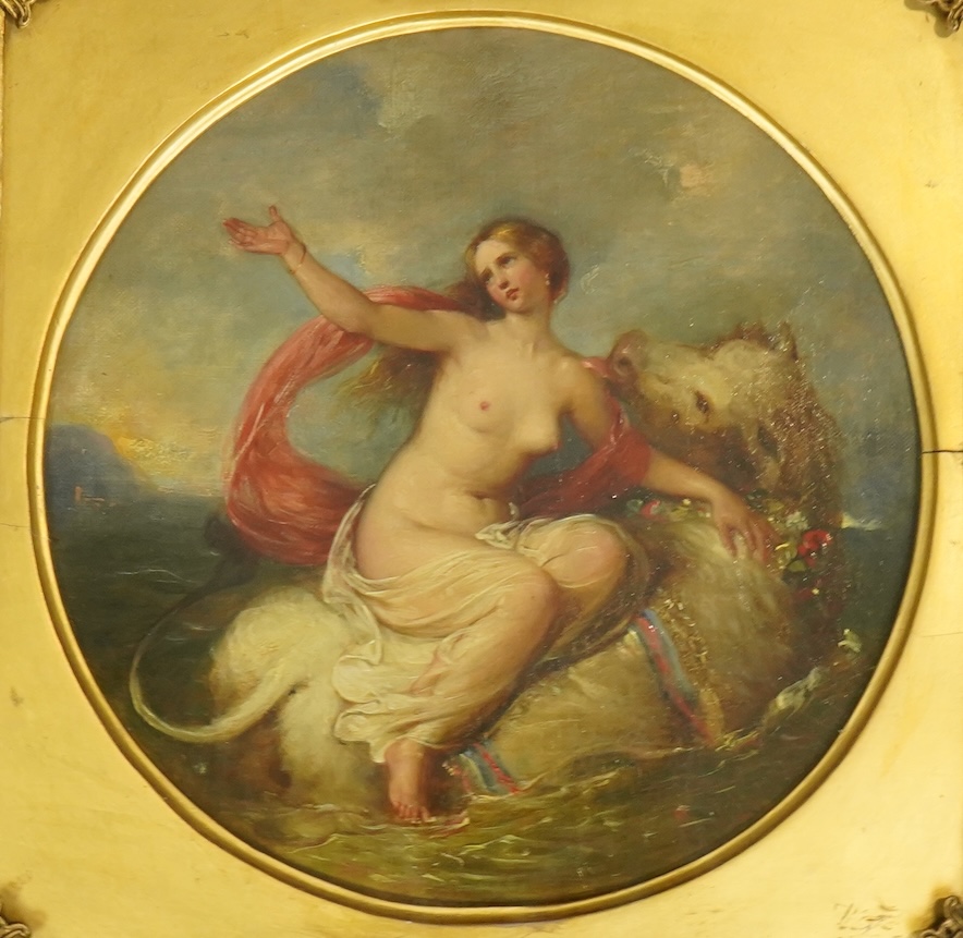 William Edward Frost R.A. (English, 1810-1877), Andromeda riding a bull, oil on canvas, tondo, 24cm